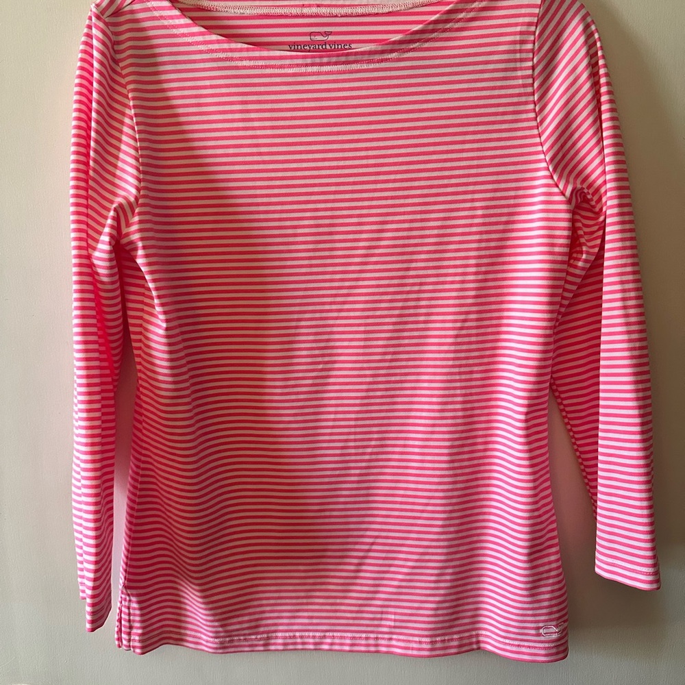 Vineyard Vines Women's Pink and White Striped Long Sleeve Top